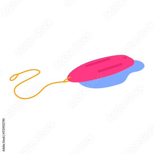 Lifesaving equipment, a pink torpedo float with an orange rope, resting on a blue shadow