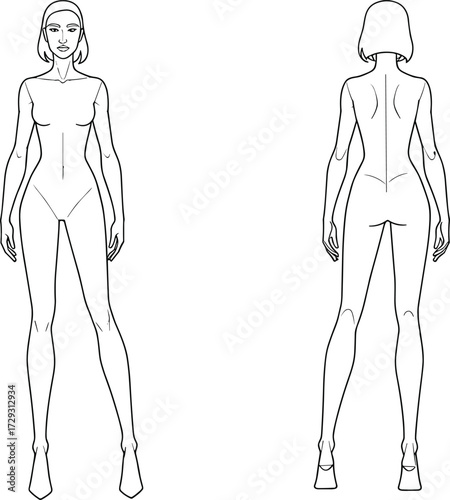 Vector illustration of female body template front and back view, anatomical outline, fashion croquis, model sketch design for drawing practice.
