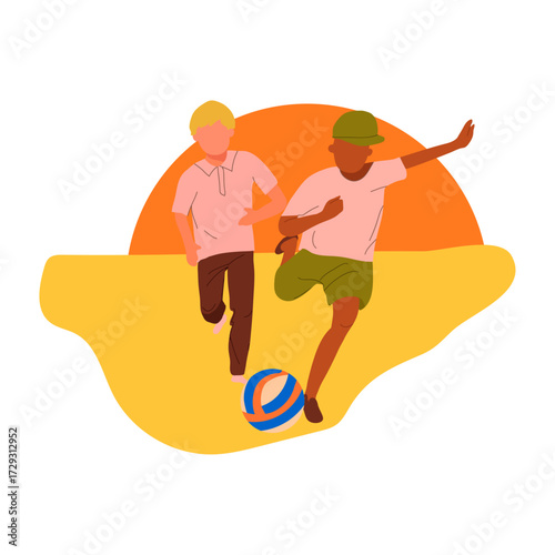 Two young boys playing soccer on a sunny day with a warm orange glow behind them