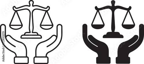 Two graphic icons of scales of justice held by cupped hands legal balance 1