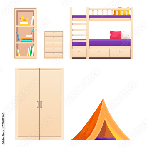 A cozy children's room interior design concept with an isolated furniture set and play tent