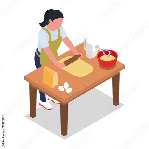 Woman Rolling Dough on Tabletop in an Isometric Illustration Ready to Bake Dessert