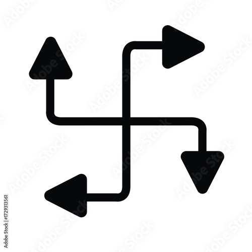 Four-way directional flow arrow icon illustrating complex reorganization, strategic routing, path divergence, or multiple option selection in a system.