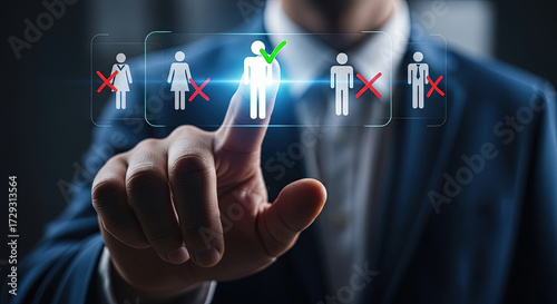 Recruitment Process: Hand Selecting Candidate on Virtual Screen. Hiring, Job Search, and Human Resources Concept. Talent Acquisition and Management.