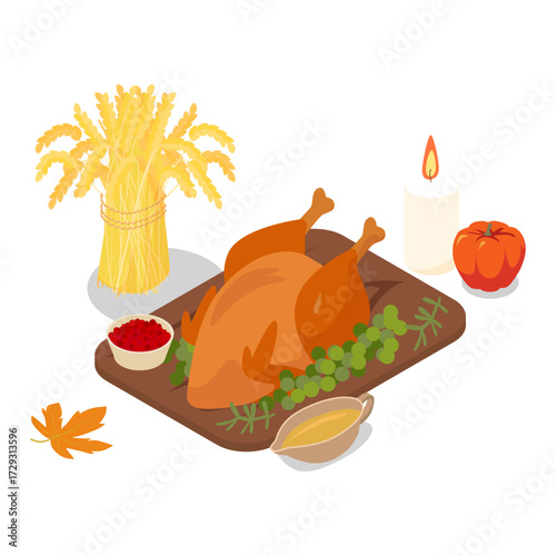 Isometric illustration of a festive Thanksgiving dinner celebration with roasted turkey