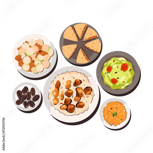 Delicious Variety of Dishes Plates Stacked with Tempting Treats
