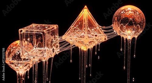 Mathematical Shapes Made of Molten Glass Frozen Mid-Drip – Cubes, Pyramids, and Spheres on Black Background