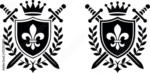 Vector heraldic shield with fleur de lis swords and crown design