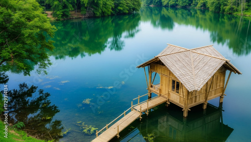 High-angle shot of a rustic saung on still, green-blue water, connected to the shore by a bamboo walkway. The lush foliage is perfectly mirrored in the water's surface, highlighting natural beauty.	