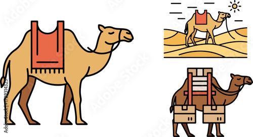 Camel carrying cargo in desert landscape