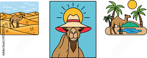 Camel illustrations desert oasis vacation