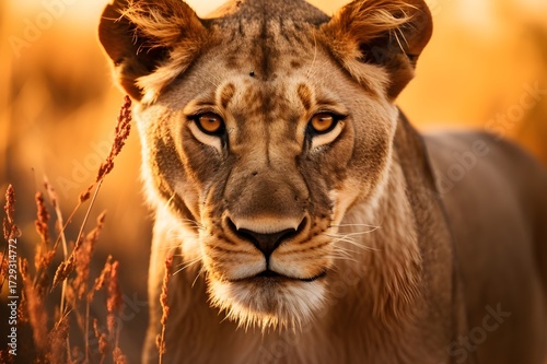 Captivating Close-Up Portrait of a Fierce Lioness in African Savannah, Intense Gaze Wildlife Photography, 8K Ultra-HD Big Cat Nature Conservation Image