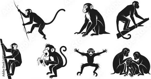 Monkey silhouette vector set with monkeys climbing eating bananas sitting grooming and playing, black jungle primate animal illustration