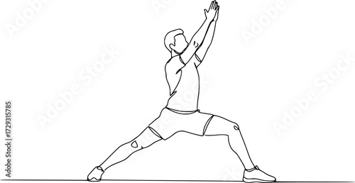 Man make stretching exercise continuous one line drawing. Hand drawn fitness concept, Activity performed to improve fitness, strength, or overall health. Sport theme design vector concept.