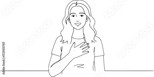 Single one line drawing young woman keeping hands on chest, Smiling friendly female expressing gratitude. Emotion, body language concept. Editablr outline.