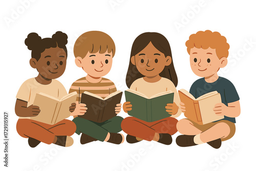 Diverse Children Reading Books Together