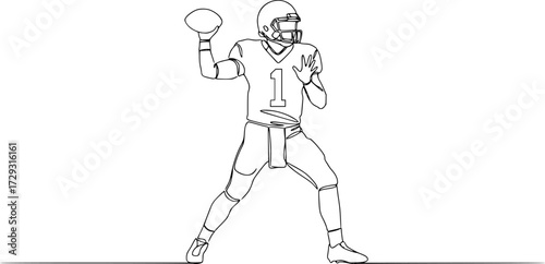 Continuous one line drawing american football player going to make pass, Continuous line of American football player holding a ball.
