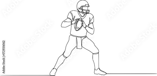 Continuous one line drawing american football player going to make pass, Continuous line of American football player holding a ball.
