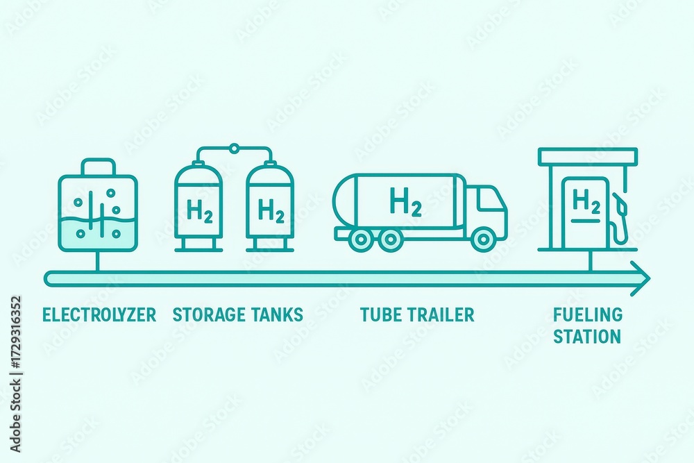 Fototapeta premium Diagram showing hydrogen production and distribution process with clean line art on light background, representing clean energy infrastructure