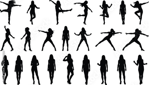 Vector illustration of woman silhouette poses in dancing, standing, and walking styles, elegant female figures in fashion and movement design.