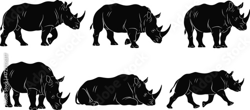 Silhouette vector illustration of rhinoceros in different poses, standing, walking, grazing, sleeping, and resting, isolated on white background