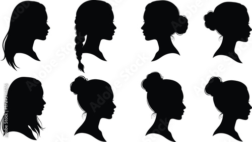 Vector illustration of female hairstyle silhouettes in profile view showing elegant woman haircuts, stylish bun, braid, ponytail, fashion beauty design.