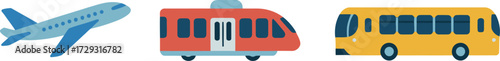 Colorful transportation vector icons showcasing airplane train and bus for travel and commuting