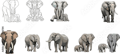 Vector illustration of elephants in different styles including line art, polygon, realistic, family group, African wildlife animal isolated background