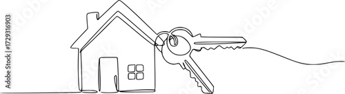 Continuous one line drawing of House and door keys vector illustration. Editable outline
