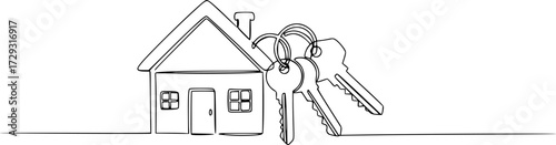 Continuous one line drawing of House and door keys vector illustration. Editable outline
