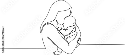 Mother holding baby in one continuous line art style, minimalist family love concept. Editable outline
