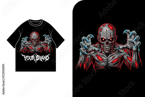 Black t-shirt mockup featuring a zombie graphic with outstretched claws and a customizable brand name.