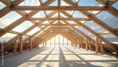 Interior view of a wooden pitched roof structure