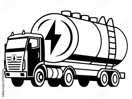 A modern flat-design symbol of a tanker truck, black silhouette on white background, featuring a high-contrast lightning bolt inside a circle on the tank.