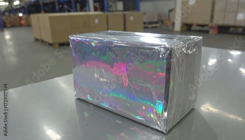 Wrapped Box with Iridescent Wrap on Table in Warehouse