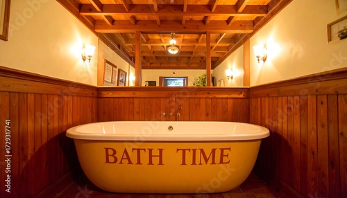 Yellow Bathtub in a Cozy Bathroom Interior with Wooden Accents