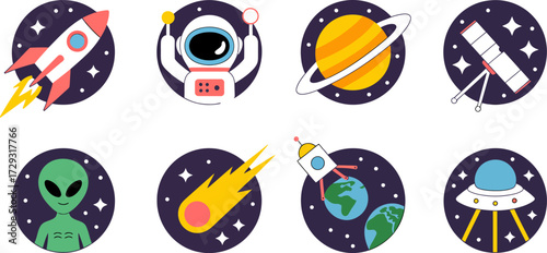 Cosmic Cartoon Icons Set Featuring Rocket Astronaut Planet Telescope Alien Comet and Spaceship 
