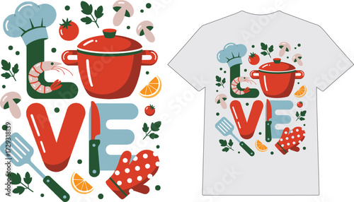 Cooking Love T-Shirt Design – Chef Kitchen Food Typography Graphic
