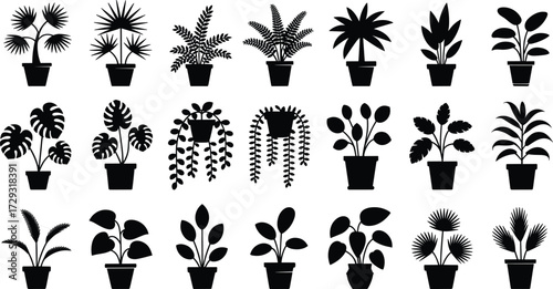  greenery, black graphic illustrationPotted plant silhouettes, botanical vector set, foliage variety, houseplant shapes, leaf pattern design, indoor greenery, black graphic illustration