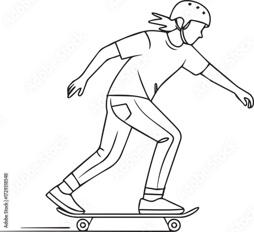 Active teenager skateboarder performing tricks on skateboard in dynamic pose sketch art
