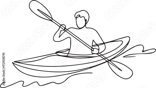 Single line art silhouette of a person kayaking with paddle enjoying water sports adventure outdoors
