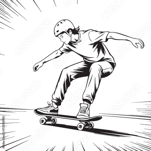 Dynamic black and white line art skateboarder performing trick motion blur background
