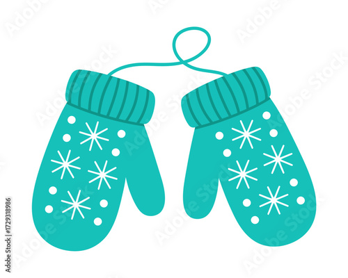 Pair of green winter mittens with snowflake isolated on white background