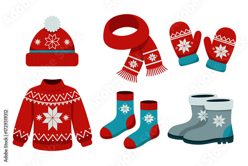 Set of cozy red and blue winter clothing and accessories for cold weather comfort vector