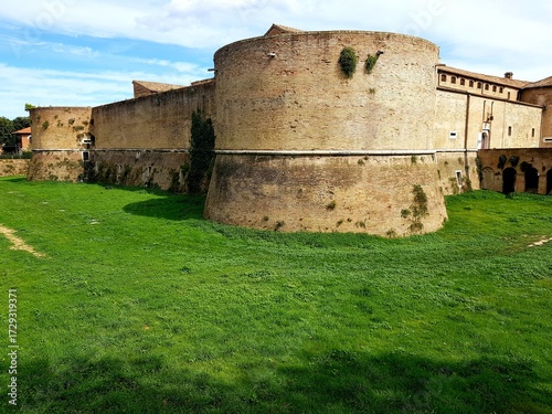 View of the medieval city walls of Pesaro, Italy.