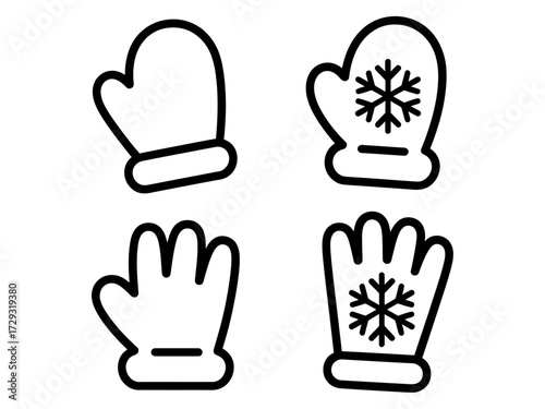 Simple black and white line art gloves and mittens with snowflakes icon set vector