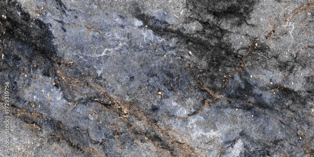 Naklejka premium Close-up view of a textured gray and black rock surface with thin white and golden veins running through it.