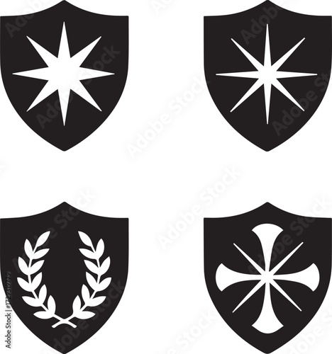 Four distinct heraldic shield emblems representing different symbols like star laurel wreath and cross motifs