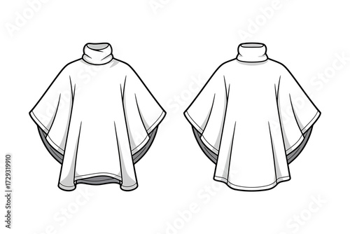 Technical sketch of a women's turtleneck poncho front and back view fashion design vector