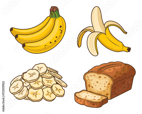 Four stages of banana transformation banana fruit banana chips banana bread and recipe ingredients vector